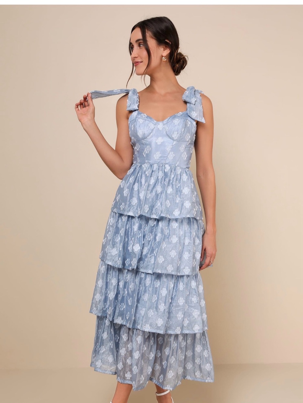 Lulu's Light Blue Tiered Maxi Dress with White Floral Print